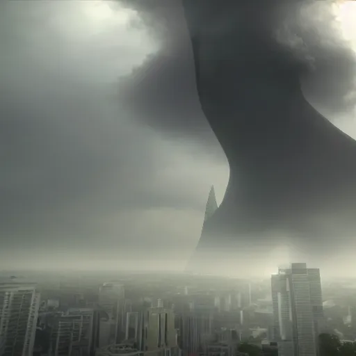 Image similar to enormous creature towering over a city during a thunderstorm with fog, hyper realistic, 8 k, unreal engine