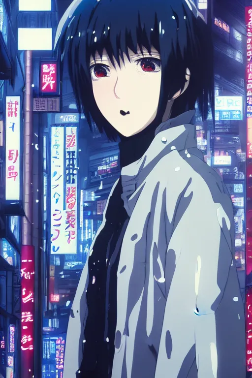 Prompt: Cinestill 800t, 8K, highly detailed, seinen manga 3/4 extreme closeup portrait, eye contact, focus on blade runner clear plastic raincoat, tilt shift zaha hadid style anime background: famous anime remake, indoor lab scene