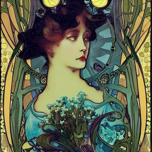 Image similar to Alice in Wonderland,Diamonds Blaze,Rose twining,out of time and space,dreamy, eternity, romantic,highly detailed,in the style of Alphonse Maria Mucha, highly detailed,night lighting