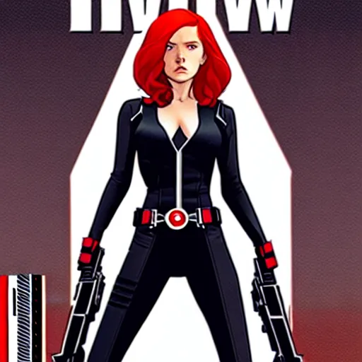 Image similar to phil noto comicbook cover art, black widow marvel, symmetrical eyes, long red hair, full body, city rooftop