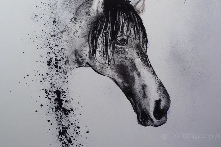 Image similar to beautiful serene horse, healing through elegant motion, minimalistic ink aribrush painting on white background