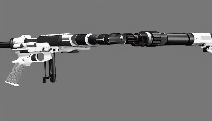 Prompt: extremely detailed ultra realistic photographic side view minimalist coilgun assault rifle, detailed trigger, chemically propelled, battery, smooth streamline, battery and wires, railgun, chemrail, gauss, elegant sleek smooth body, white paint, smooth utopian design, ultra high quality, octane, artstation, destiny, warframe, terminator