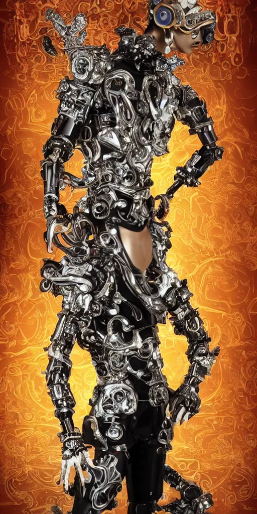 Image similar to baroque and cyberpunk style full-body sculpture of a young seductive Hispanic prince half android with a chest exposing a glowing ruby battery with porcelain arms posed like a model, glowing gold laser eyes, crown of white gears and sparkling diamonds, swirling white-colored silk fabric, robot dinosaurs. modern elements. reflective surfaces. intricate artwork by caravaggio. art by Artgerm and Alphonse Mucha, Trending on artstation, cinematic industrial lighting, photorealistic, octane render, 8k, depth of field, 3D