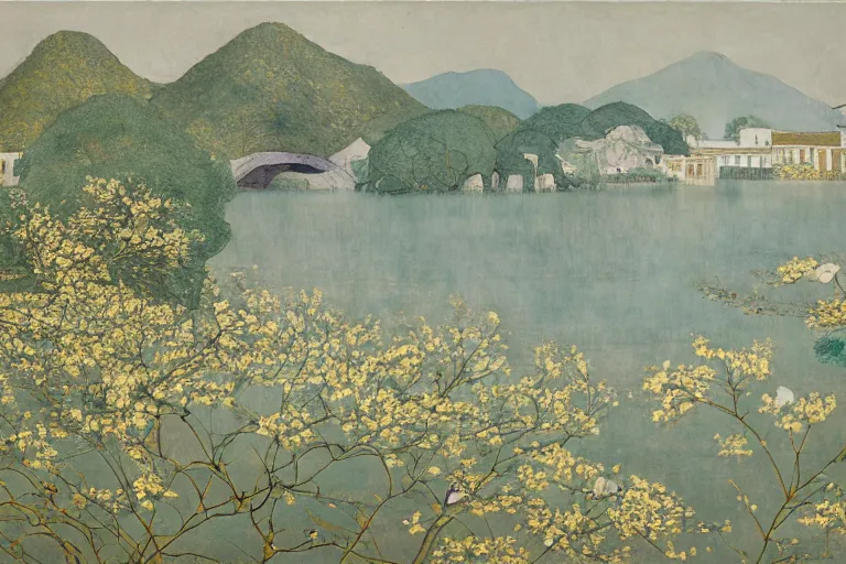 Image similar to an ultradetailed landscape painting of scenic westlake in china hangzhou, light yellow may flowers blossoms nearby, autumn wind, chinese water color, smooth, by hilma af klint