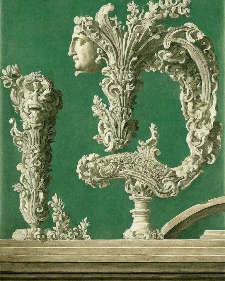 Image similar to achingly beautiful painting of intricate ancient roman corinthian capital on jade background by rene magritte, monet, and turner. giovanni battista piranesi.