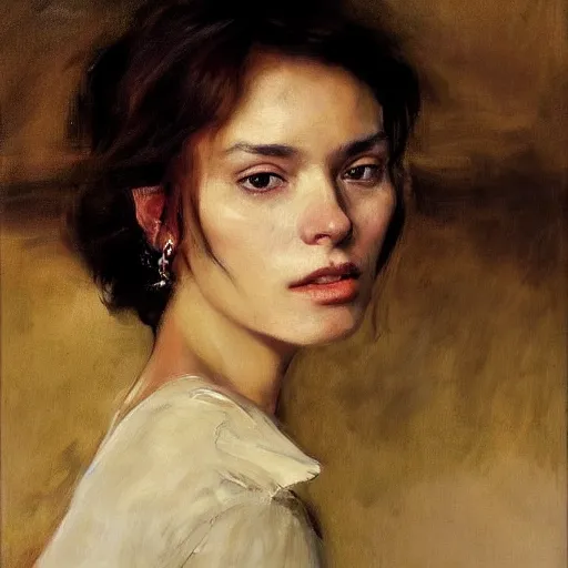 Image similar to a stunning masterful portrait of a confident spanish woman with messy hair and deep thinking eyes and traditional spanish clothes by andrew wyeth, john singer sargent, and norman rockwell, natural light, oil painting, ethereal, wong kar wai, strong brushwork