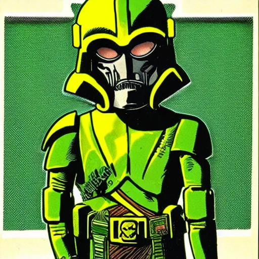 Image similar to portrait of a mutant chronicles bauhaus doomtrooper, wearing green battle armor, a yellow smiley sticker centered on helmet, by moebius