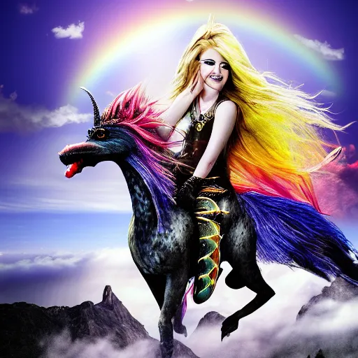 Image similar to photograph of avril lavigne riding a dragon through the clouds with rainbows and unicorns, high medieval fantasy, full color digital art, cinematic shot, portrait, wide shot.