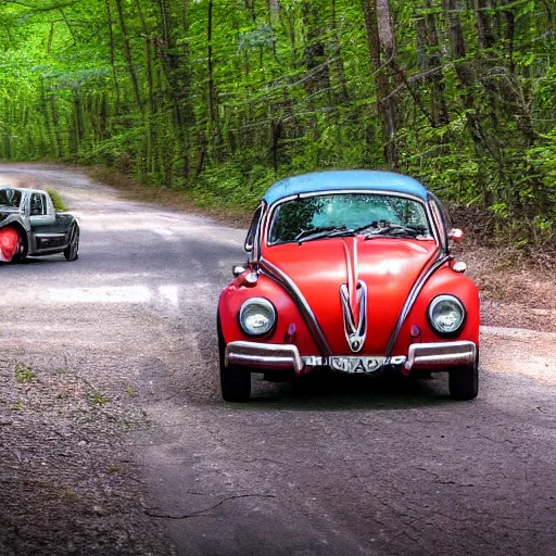 Image similar to promotional scifi - mystery movie scene of a ( volkswagen beatle ) and ladybug hybrid that's more ladybug. racing down a dusty back - road in smokey mountains tennessee. cinematic, 4 k, imax, 7 0 mm, hdr