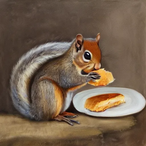 Image similar to A painting of a squirrel sharing bread with his squirrel children