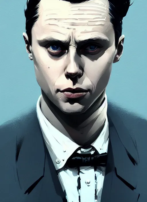 Image similar to highly detailed closeup portrait of martin wallstrom, tyrell wellick, slick back hair wearing suit by atey ghailan, by greg rutkowski, by greg tocchini, by james gilleard, by joe fenton, by kaethe butcher, gradient blue, black and white color scheme, grunge aesthetic!!! ( ( graffiti tag wall background ) )