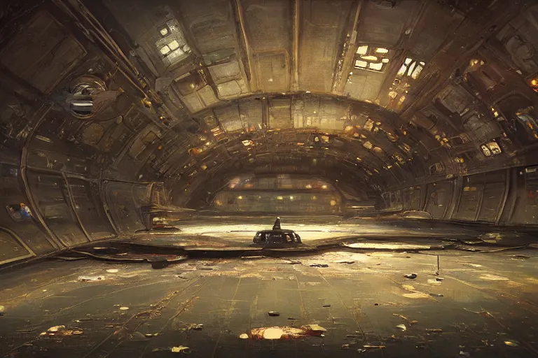 Image similar to A beautiful painting of inside in abandoned rusty space station from kindzadza, Trending on artstation.