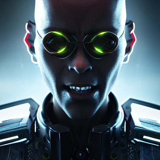 Prompt: evil cyberpunk dark villain, highly detailed, photorealistic portrait, bright studio setting, studio lighting, crisp quality and light reflections, unreal engine 5 quality render