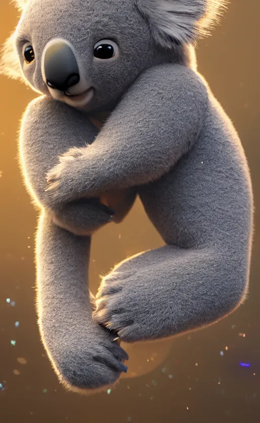 Prompt: koala bear wearing socks, magical city, water bear, cute, electric, furry, soft, concept art, intricate details, highly detailed, photorealistic, disney pixar, octane render, iridescent, anime, 8 k