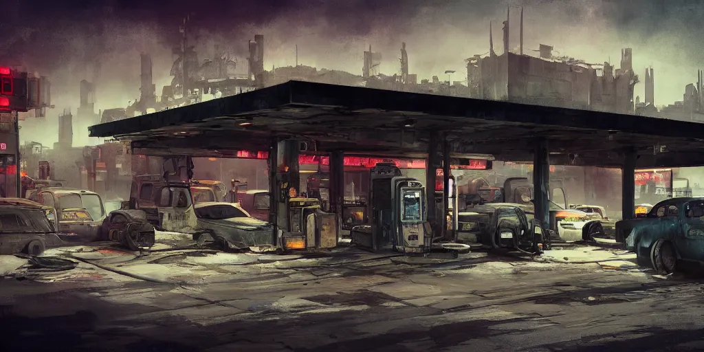 Image similar to a post apocalyptic gas station in the style of bladerunner, trending on artstation, vintage colors, volumetric lighting