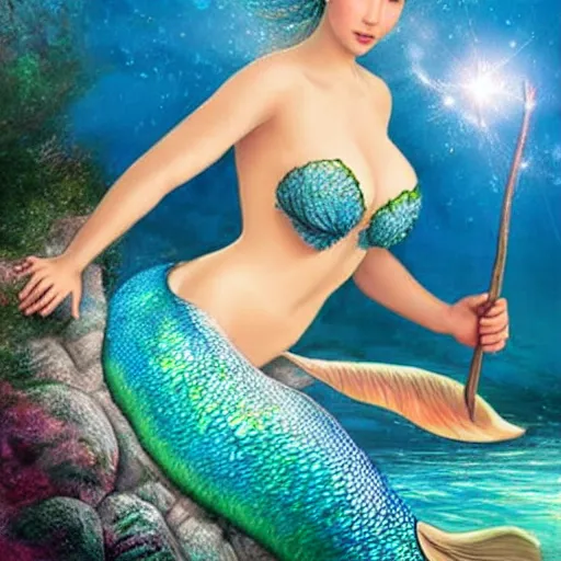 Image similar to an extremely realistic photoart of a fantastic realistic mermaid with an ultra perfect and ultra detailed wild face with beautiful, ultra detailed wild blue eyes a fantastic crown of diamons and a galaxy realistic tail, wearing a two-piece swimsuit full art