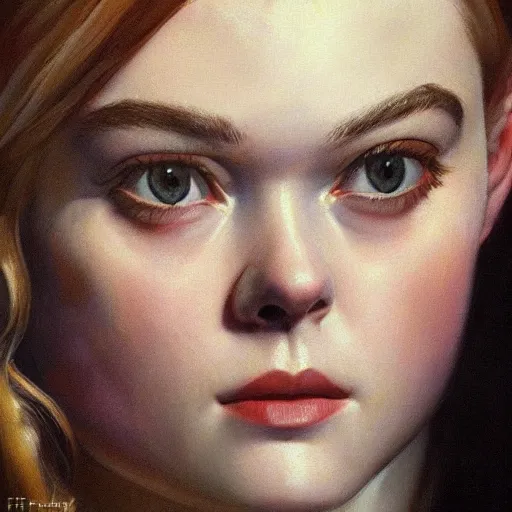 Image similar to ultra realistic head and shoulders portrait painting of elle fanning in prey, art by frank frazetta, 4 k, ultra realistic, highly detailed, epic lighting