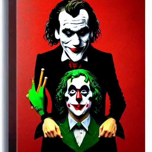 Prompt: ilya yefimovich repin and mimmo rottela and banksy as joaquin phoenix skinny joker, holding lady gaga harley queen hand, ultra photorealistic, intricate details, pop art style, concept art, confident posse, justify content center, 2 colours, warm color, 4 k, ultra smooth, sharp focus, perfect details