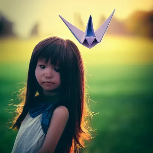 Image similar to A girl made of paper folded origami dramatic lighting, with bokeh effect in a sunny meadow