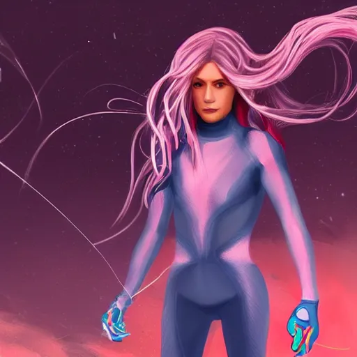 Prompt: a daring badass female main character with vibrant long flowing hair, wearing a high tech jumpsuit, digital art, concept art, 8k, highly detailed, from an award winning video game, masterpiece