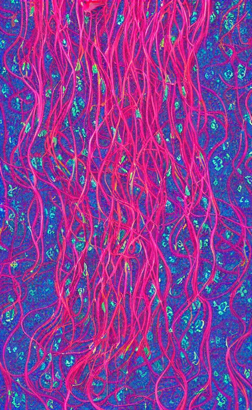 Prompt: tapestry of jellyfish ascending from the bottom of the ocean, cyan and magenta,