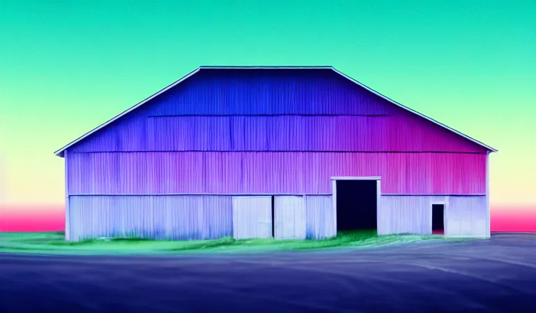 Prompt: a beautiful, sharp focus, and immaculate barn on the palouse. vaporwave ombre rendering. outrun style. trending on artstation. recommended for you behance. by chris moore. beeple colors. ambient occlusion. digital matte painting. metropolis filmic. gotham city. overcast.