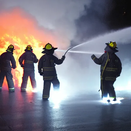 Image similar to firefighters in infrared reflective suits spraying burning flames from flamethrowers, government public domain photograph