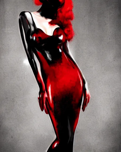 Prompt: Digital painting of a female model posing in a black latex dress, gothic, short red hair, black and red tones, dramatic background, concept art