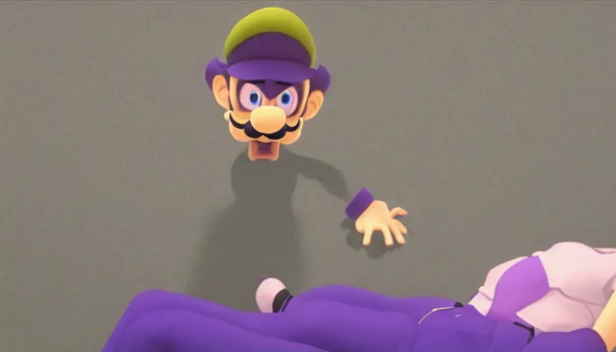 Image similar to still from a masterpiece moody A24 animation: Waluigi laying down while going to therapy