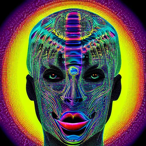 Image similar to mockup of a black tshirt with a hyperdetailed portrait of a futuristic robot by alex grey, 8 k, symetrical, flourescent colors, happy trippy mood, multicolored,