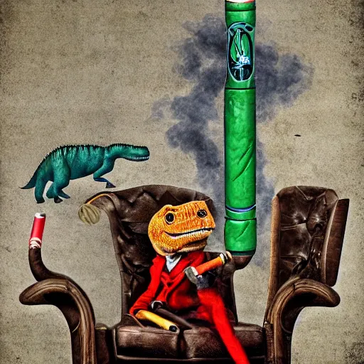 Image similar to dinosaur smoking a cigar sitting in a chair wearing a smoking jacket realistic hdr