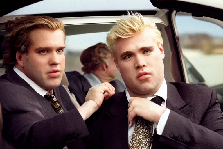 Prompt: cinematic still of portly clean-shaven white man wearing suit and necktie and curly blonde blonde blonde hair as car salesman in 1994 film, XF IQ4, f/1.4, ISO 200, 1/160s, 8K, RAW, dramatic lighting, symmetrical balance, in-frame