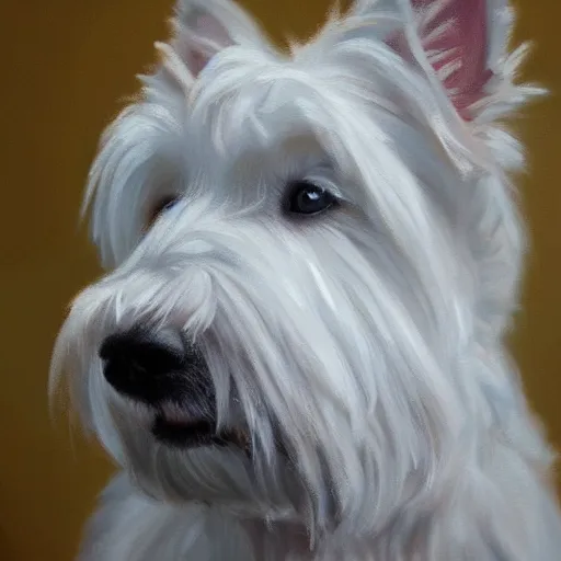 Image similar to west highland terrier, oil painting, fine art, artstation, masterpiece, cinematic lighting, very realistic, highly detailed