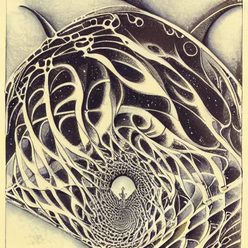 Prompt: cat as a fractal distortion, lithograph, watercolors, ink, M.C. Escher, moebius