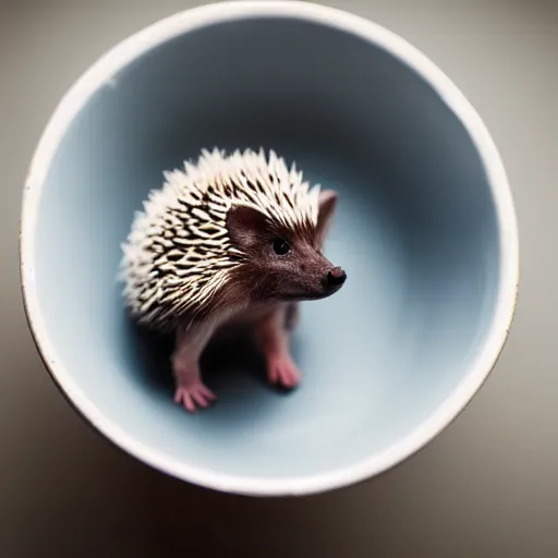 Prompt: baby hedgehog in a teacup, photography, minimalistic, 8 k