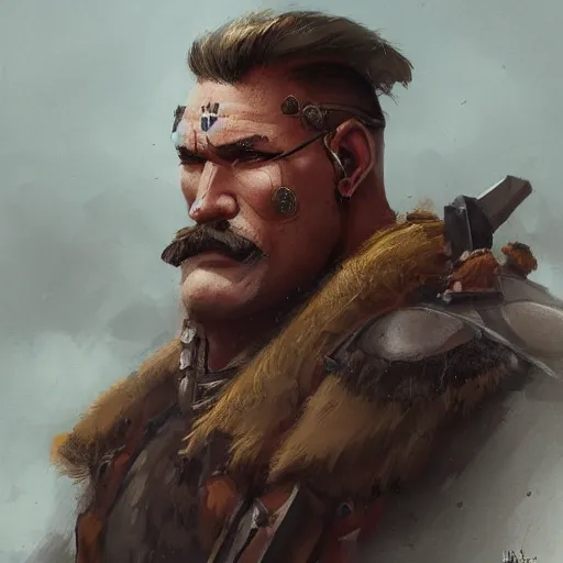 Image similar to portrait old barbarian warrior with big trucker mustache and short hair, 8 k, trending on art station, by tooth wu and greg rutkowski