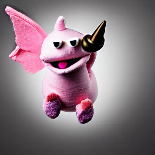 Image similar to studio photograph of a happy flying pig with wings with a unicorn horn depicted as a muppet