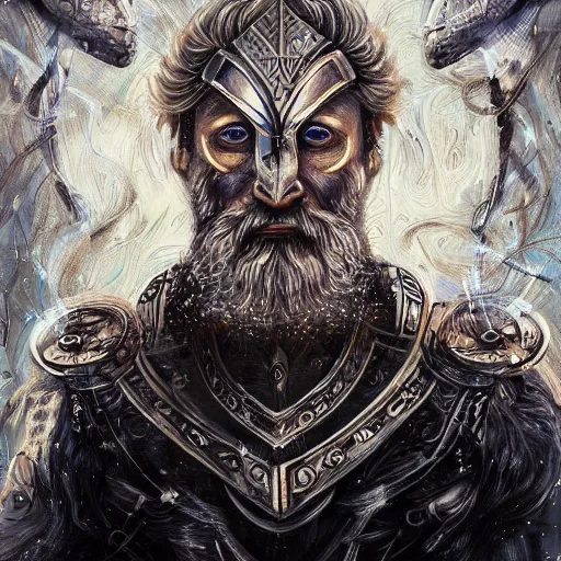Image similar to mythological odin all father god of thunder and artificial intelligence creating himself with an artificial neural network with synapses, high resolution, award winning art, trending on art station, sharp image, incredibly detailed, detailed character realistic painting