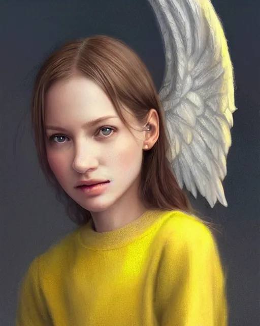 Prompt: beautiful angel girl portrait, casual yellow sweater, platinum wings, highly detailed, d & d, fantasy, highly detailed, digital painting, trending on artstation, concept art, sharp focus, illustration, art by artgerm and greg rutkowski and fuji choko and viktoria gavrilenko and hoang lap