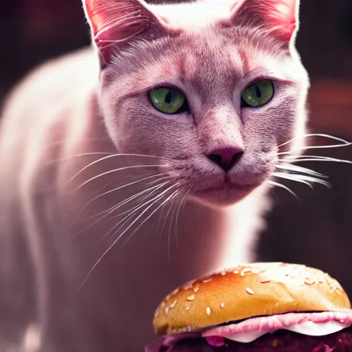 Prompt: photo of a pink cat with pink fur, eating a hamburger, biting a hamburger