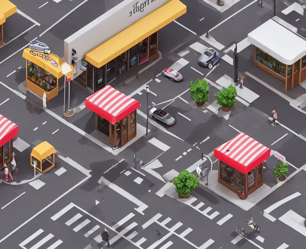 Image similar to cute street corner with shops, cars and pedestrians, isometric view, octane 3d, ray tracing, volumetric lighting