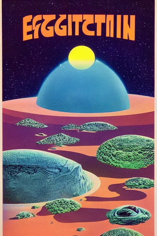 Prompt: 7 0 s travel poster for an extraterrestrial system destination, roger dean