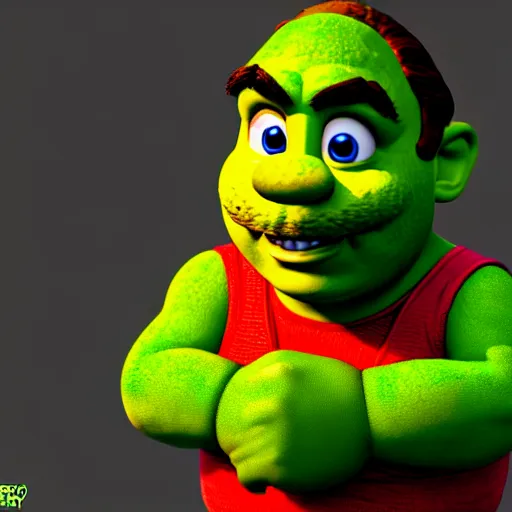 Prompt: super mario as shrek, highly detailed, extremely high quality, hd, 4 k, 8 k, canon 3 0 0 mm, professional photographer, 4 0 mp, lifelike, top - rated, award winning, realistic, detailed lighting, detailed shadows, sharp, no blur, edited, corrected, trending