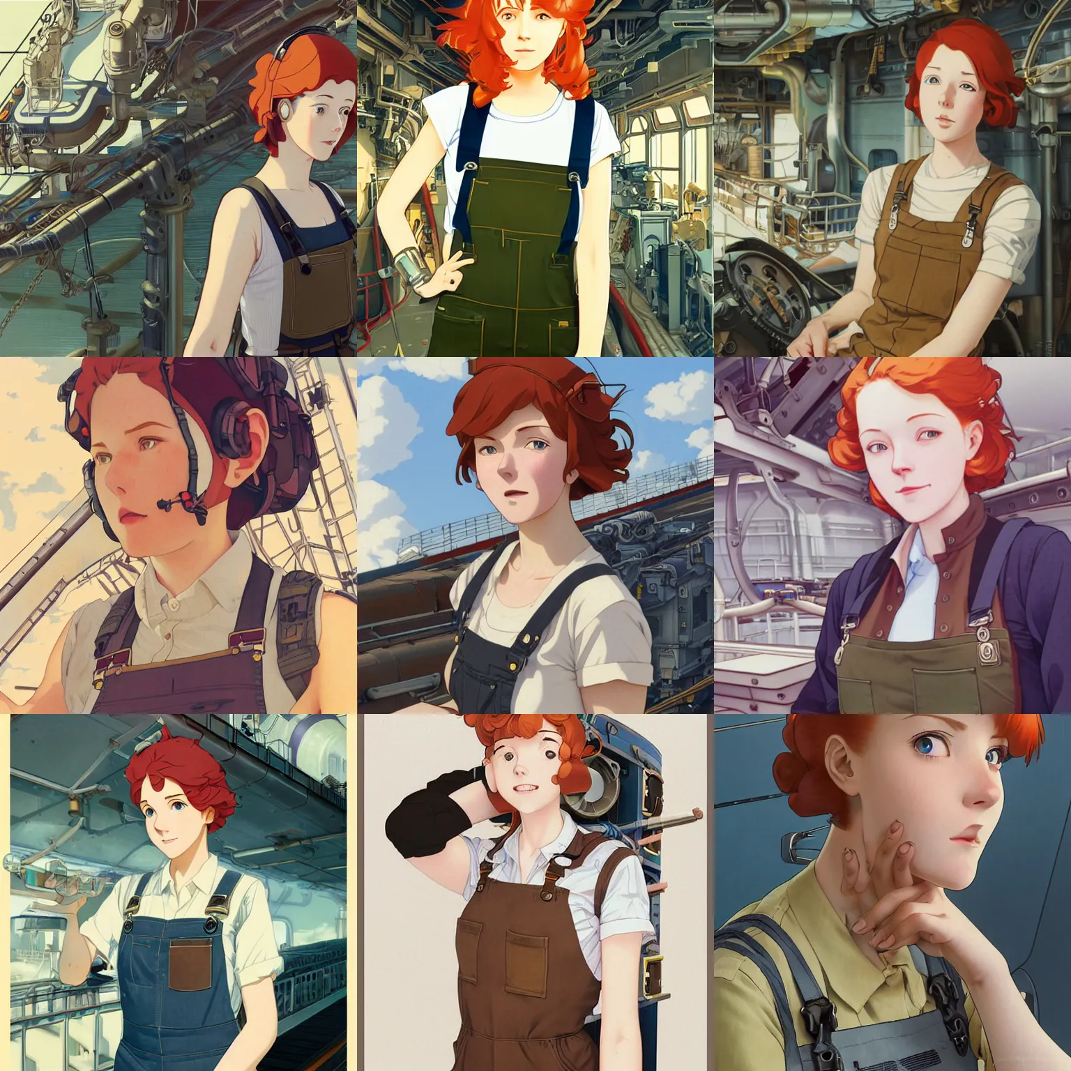 Prompt: Portrait of a tank top and dungaree-clad redheaded female airship engineer working in the lower deck of a ship, dieselpunk, defined facial features, highly detailed, artstation, official artbook, official Kyoto Animation and Studio Ghibli anime screenshot, by Ilya Kuvshinov and Range Murata and Alphonse Mucha