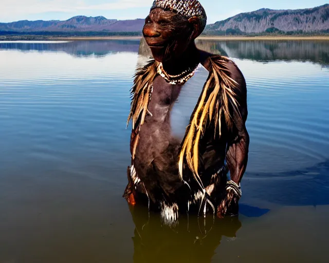 Image similar to wise zulu elder has a sharp line of teeth. my teeth are sharp. there is a lake in the foreground with water reflections.