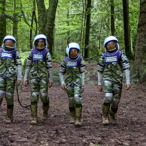 Image similar to a squad of space scouts wearing camo uniforms with white armor and helmets exploring a forest planet