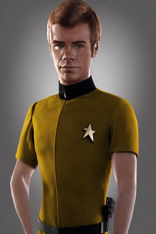 Image similar to full body digital portrait of scrawny captain james t kirk, starfleet uniform, star trek, malnourished, sensual, smooth, elegant, sharp focus, highly detailed