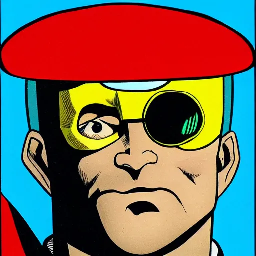 Image similar to soviet russian superman with an eyepatch, close up, by will eisner