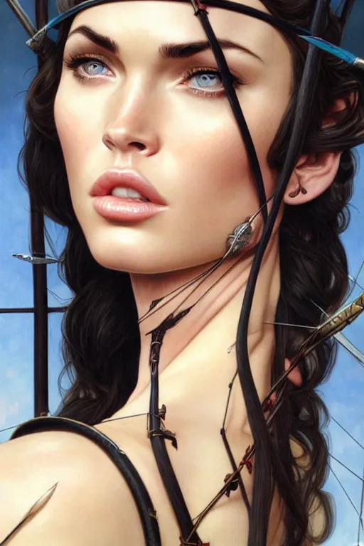 Image similar to portrait of megan fox as an elven archer, dark, piercing eyes, gentle expression, elegant clothing, photorealistic, highly detailed, artstation, smooth, sharp focus, art by michael whelan, artgerm, greg rutkowski and alphonse mucha