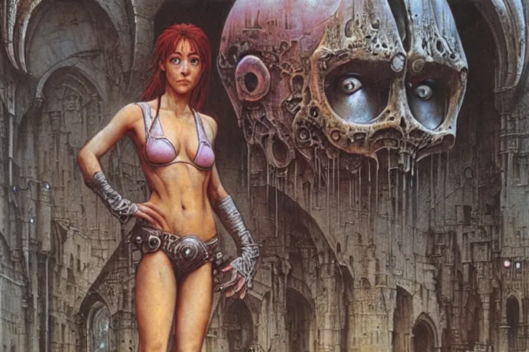 Image similar to cute young alyson hannigan with short hairs in medieval city by luis royo and wayne barlowe, beksinski